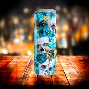 Skull / Floral / Teal / Stainless Steel Skinny Tumbler